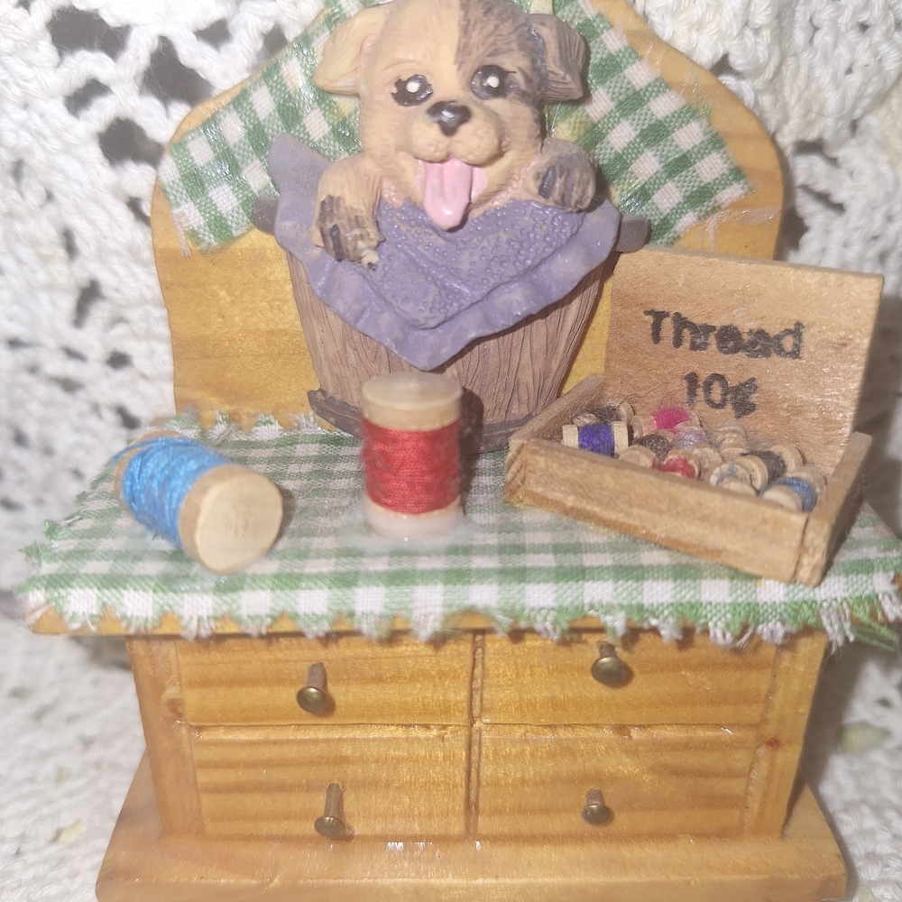 Wooden Puppy with Thread Display Cottage grandmacore
